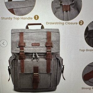 Kattee Gray and Brown canvas and leather large backpack with multiple pockets